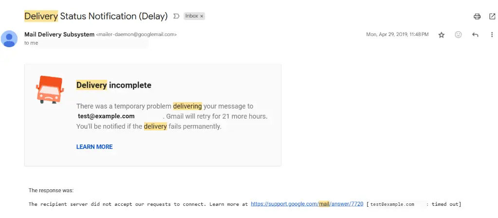 Delivery incomplete bounce back email from gmail