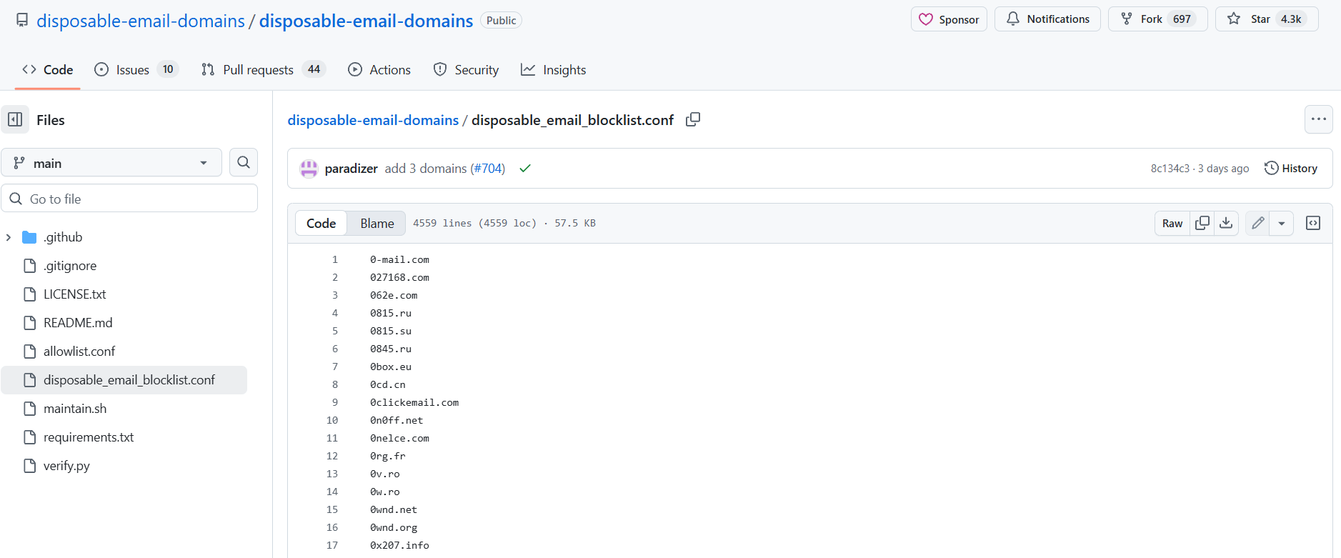 Disposable domain email list from GitHub screenshot