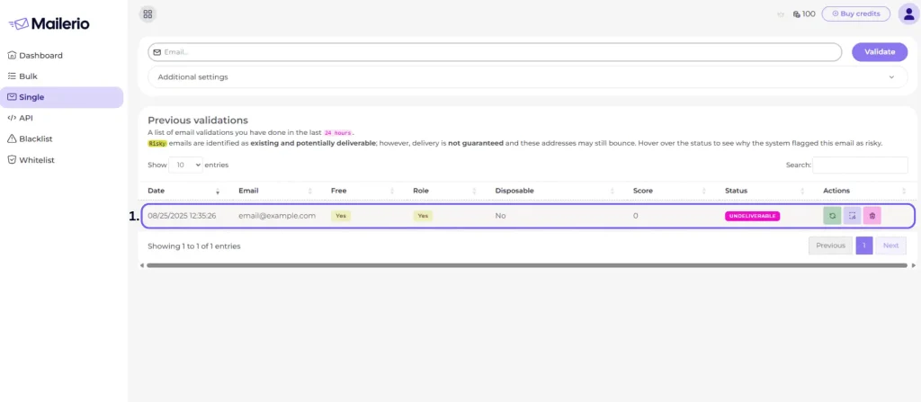 single validation result from mailerio with data if email is deliverable, sending score and other details