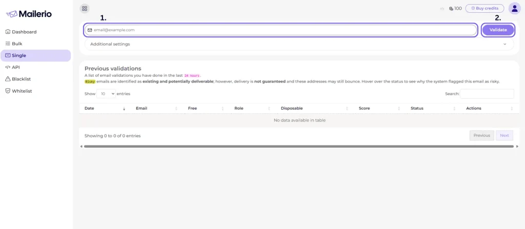 insert email you want to verify and click validate email on Mailerio