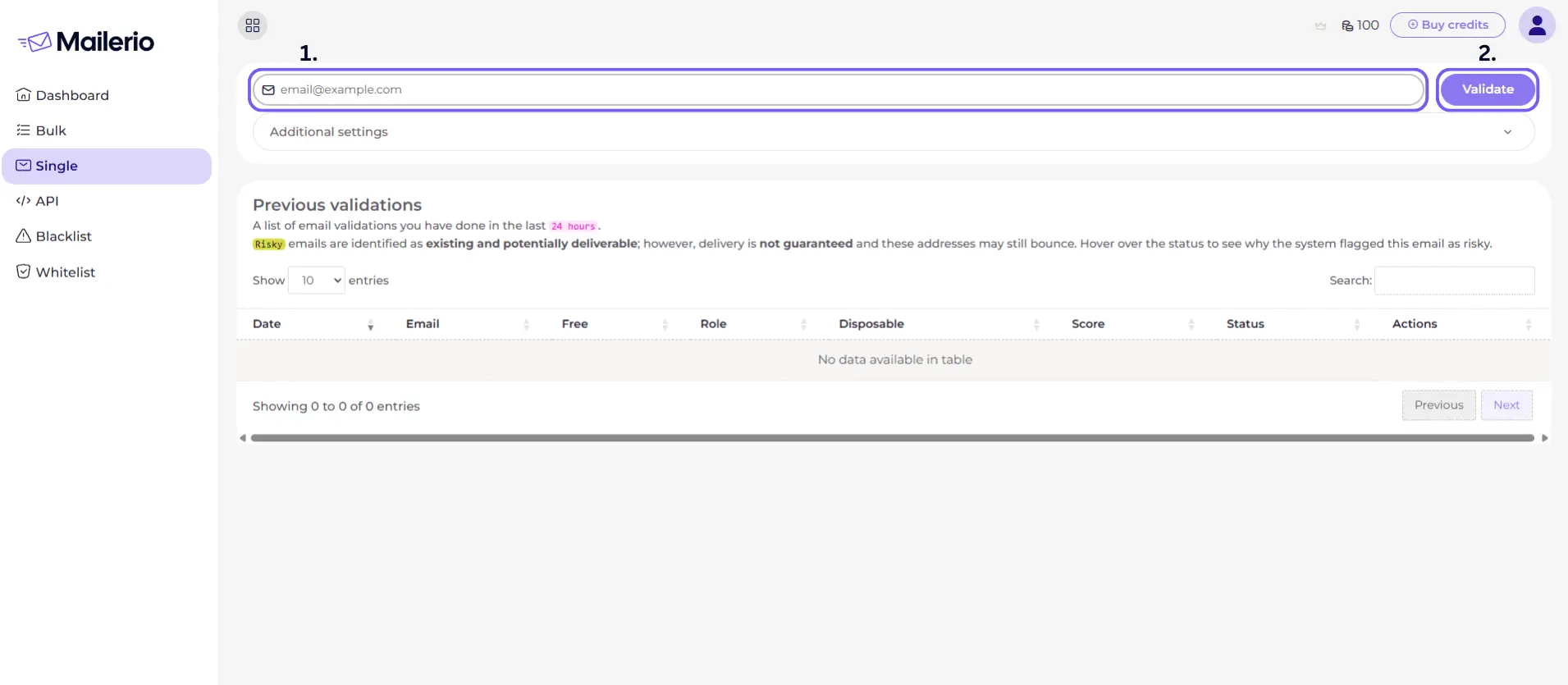 insert email you want to verify and click validate email on Mailerio