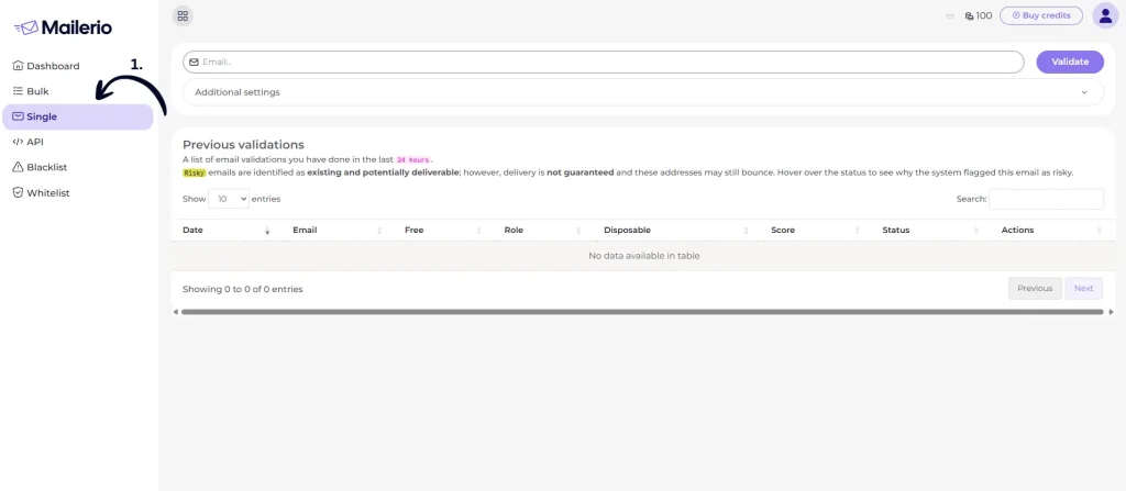 Open single validation window on Mailerio screenshot on how to verify email address without sending an email