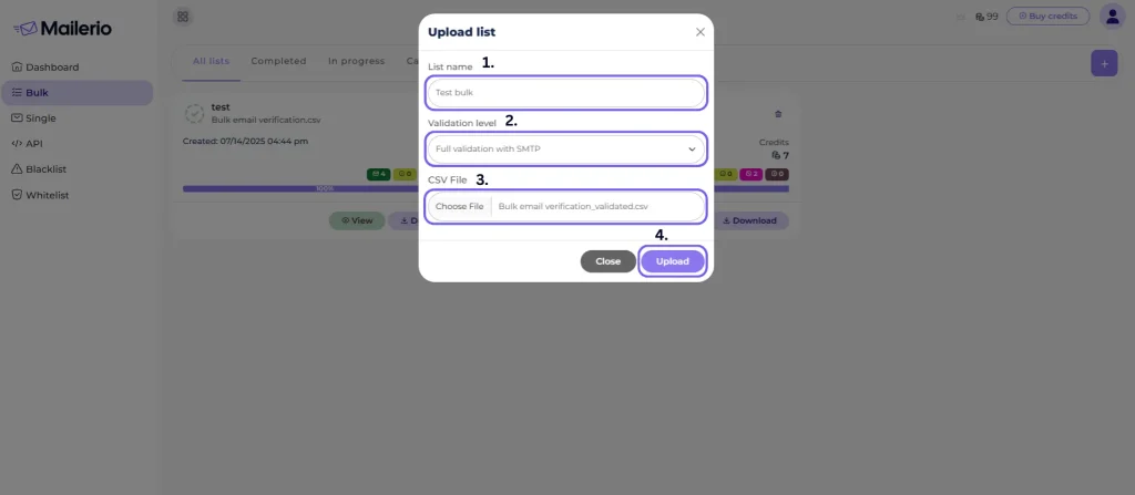mailerio upload file settings for bulk validation