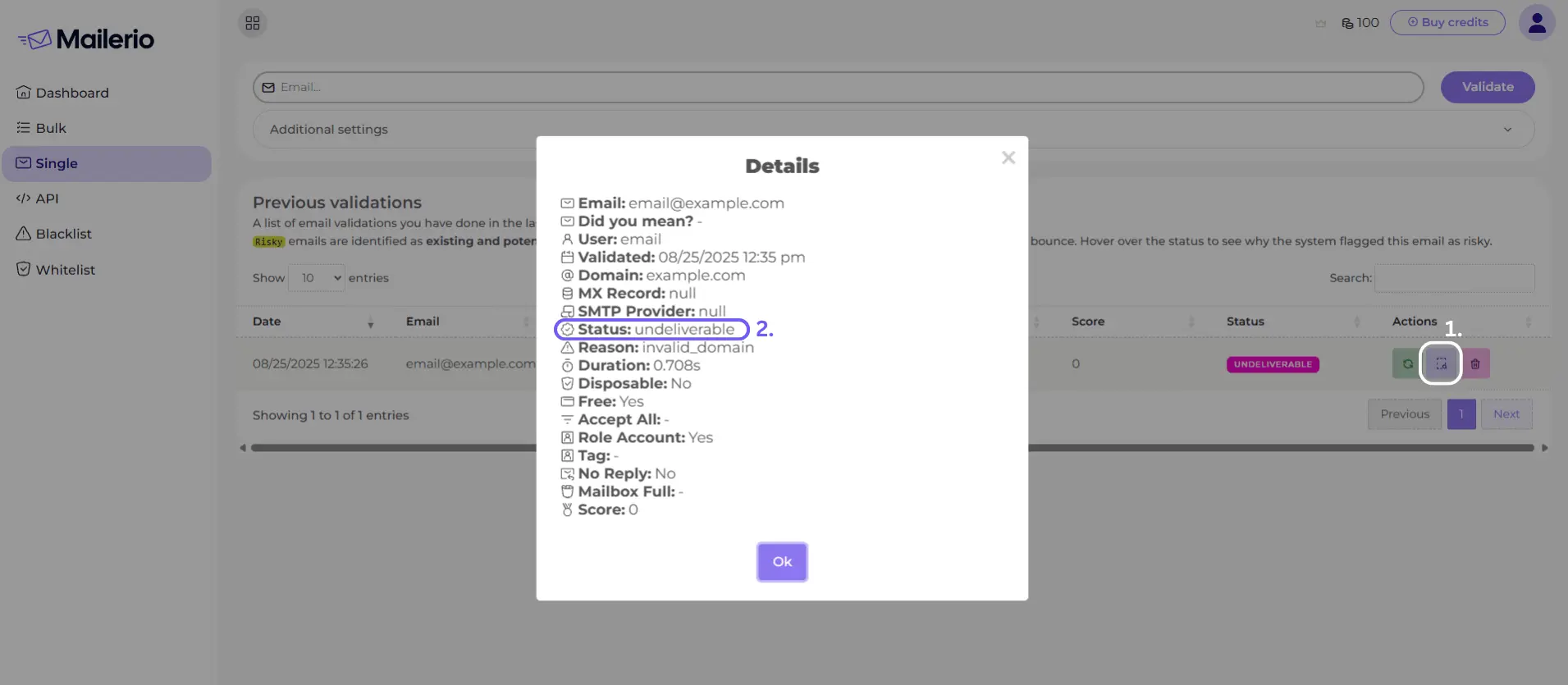detailed validation results from Mailerio