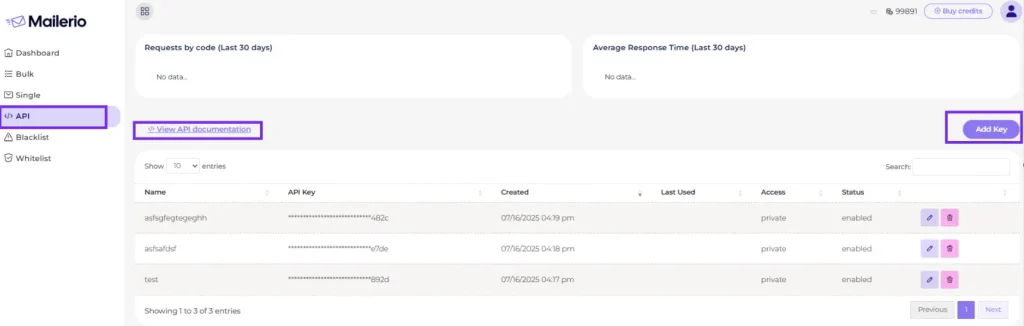 API setup page to connect Mailerio to other systems