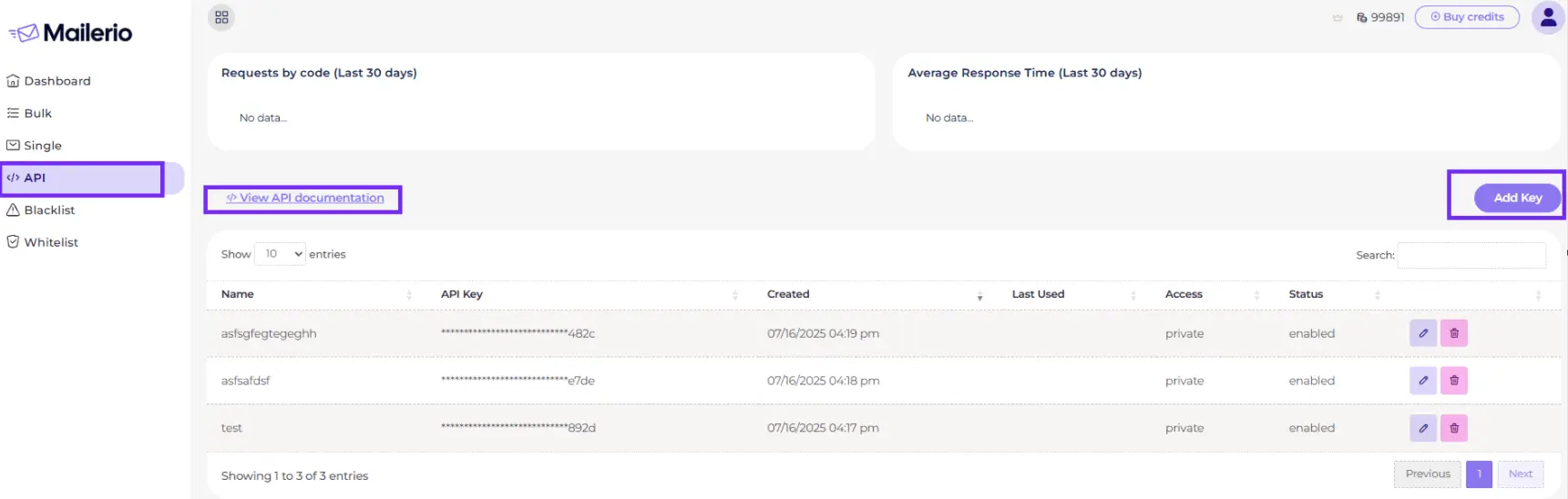 API setup page to connect Mailerio to other systems