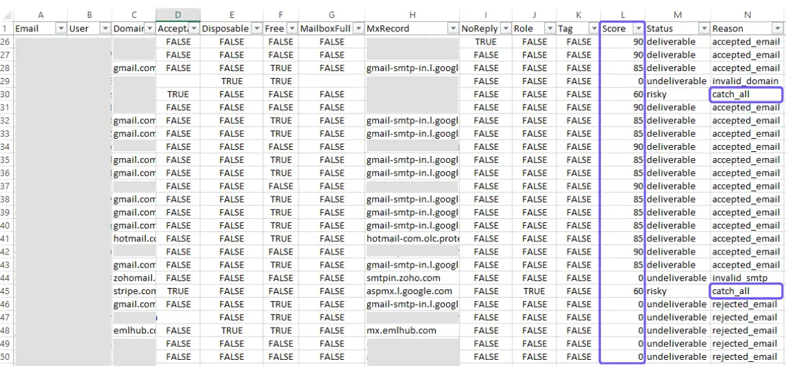 email validation scoring report from mailerio
